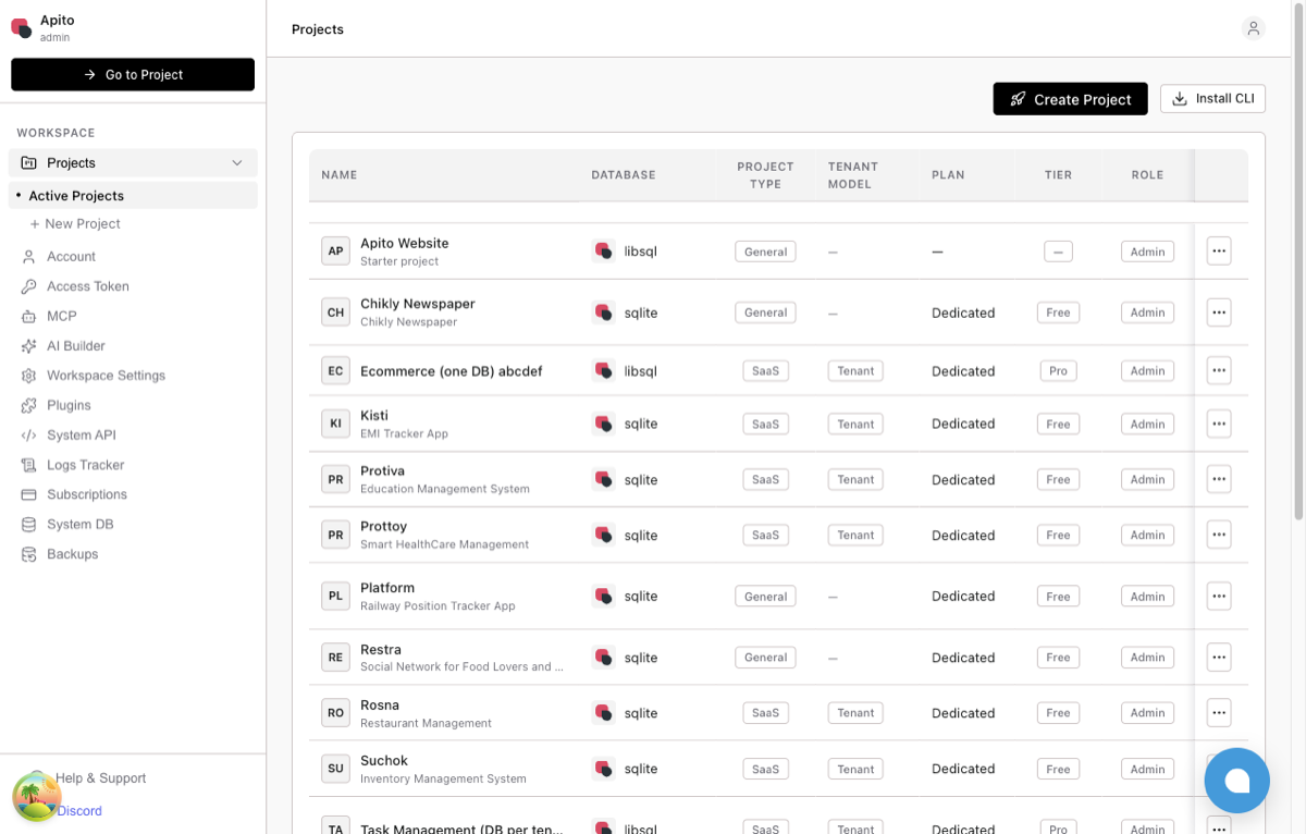 Apito Console projects list