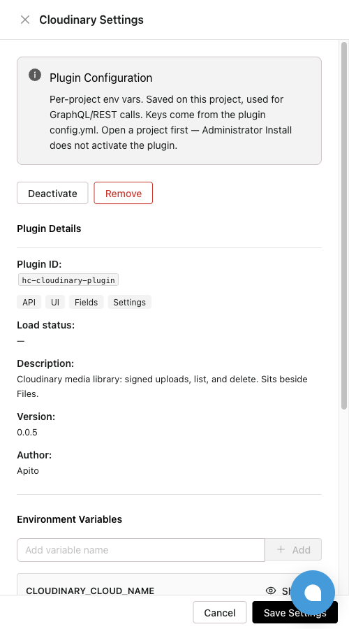 Cloudinary env_vars keys in project plugin settings