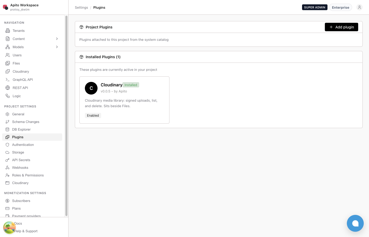 Project Plugins list with Cloudinary installed and enabled